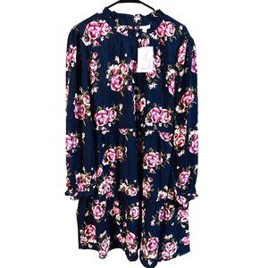 Lularoe Womens Floral Tiered Long-Sleeve Dress Navy/Pink XL